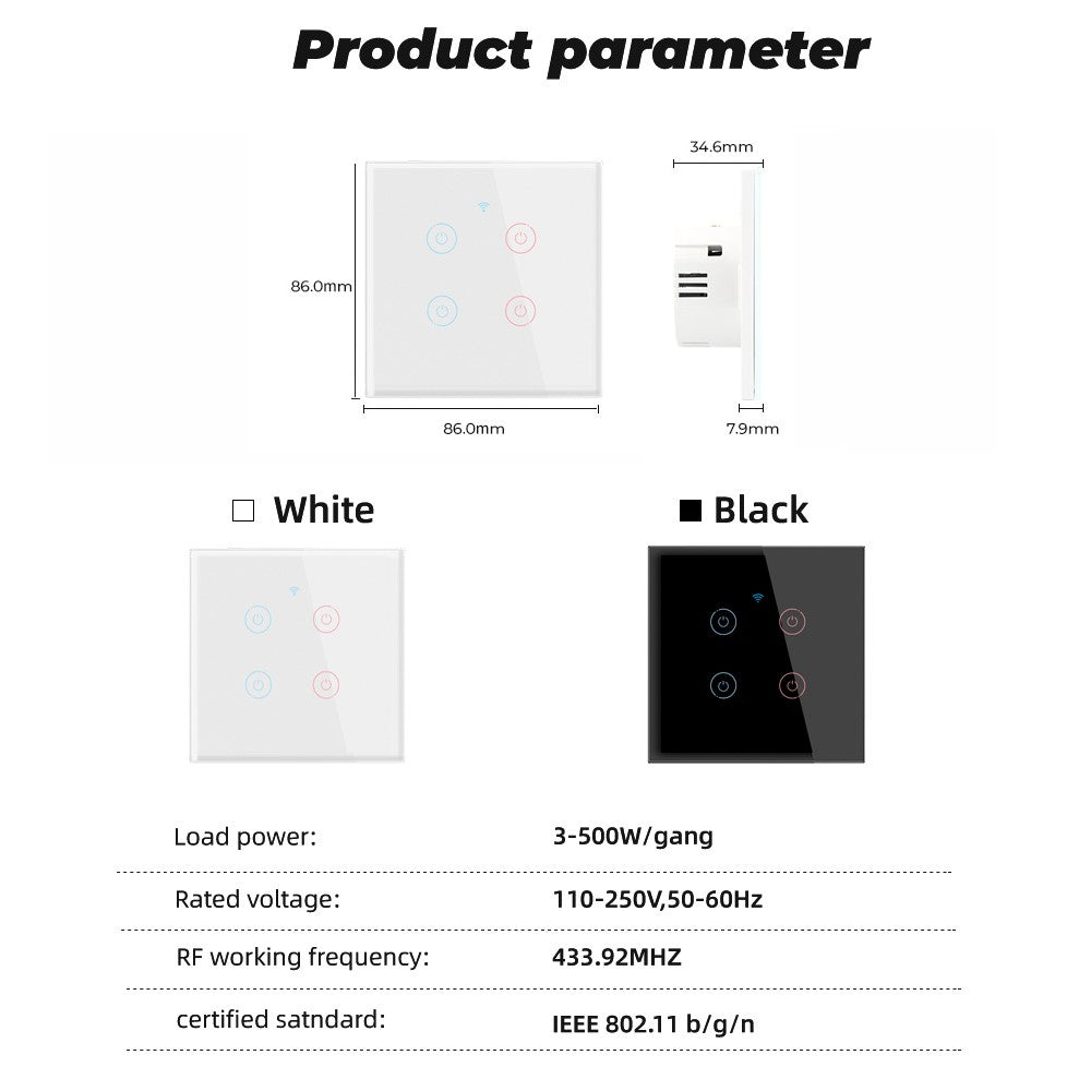 SMATRUL TMW401 EU Plug Tuya WiFi 433MHZ Wireless Touch Wall Switch for Google Home Alexa, 4 Gang WiFi