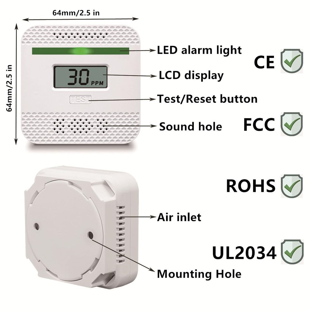 Carbon Monoxide Detector with LCD Display Battery Powered Home CO Alarm Sensor
