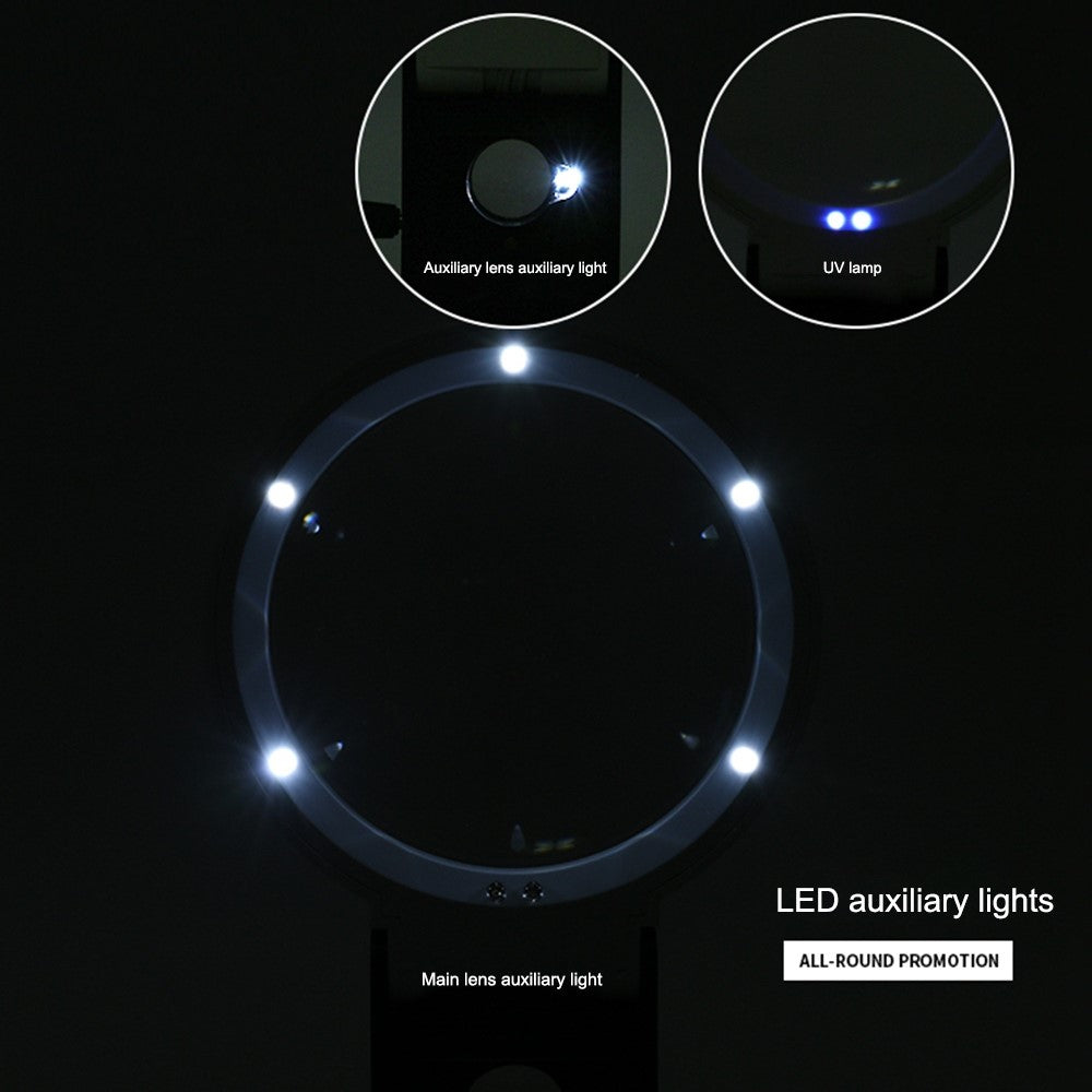 7018B 90mm UV LED-förstoringsglas Hopfällbart 5X 25X förstoringsglas för smycken, diamanter, kontanter