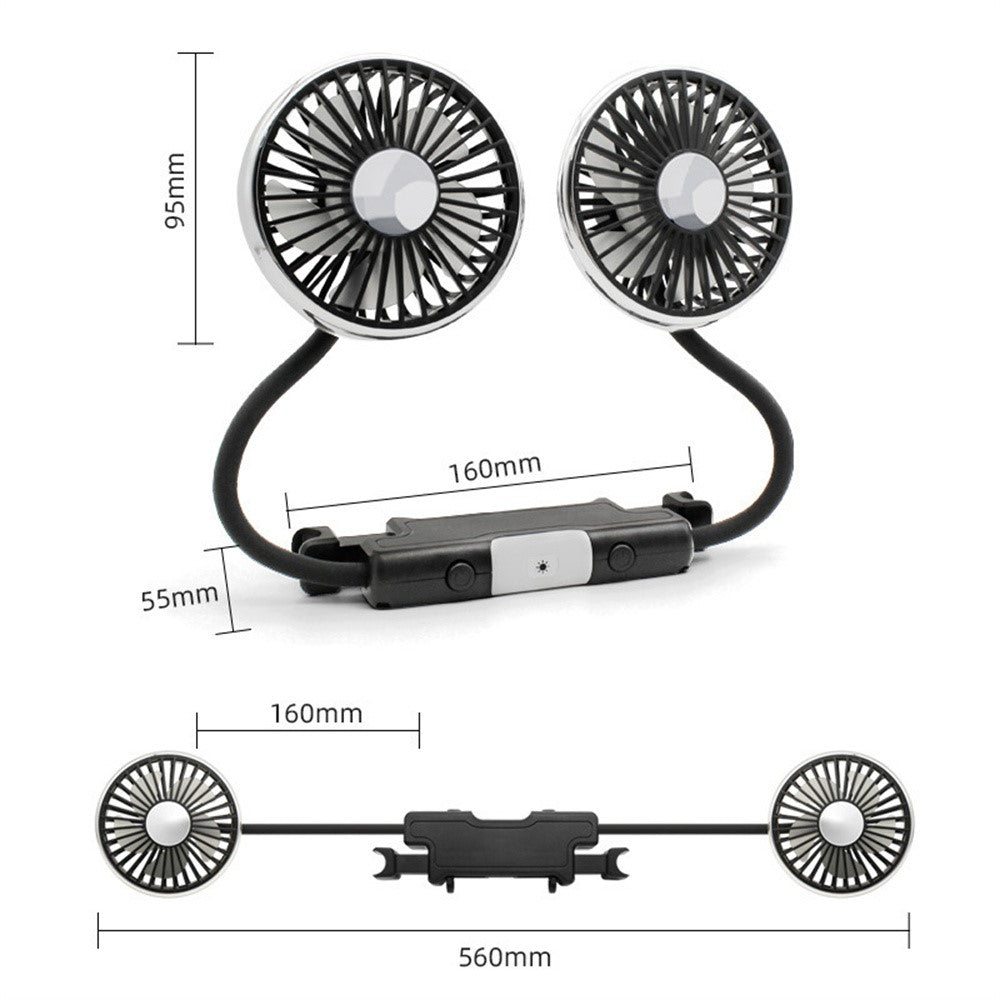 360 Degree Rotation Double Head 12V 24V Car Back Seat Fan 3-Speed Wind Adjustment USB Cooling Fan