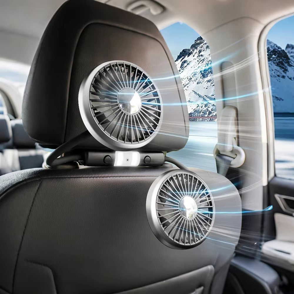 360 Degree Rotation Double Head 12V 24V Car Back Seat Fan 3-Speed Wind Adjustment USB Cooling Fan
