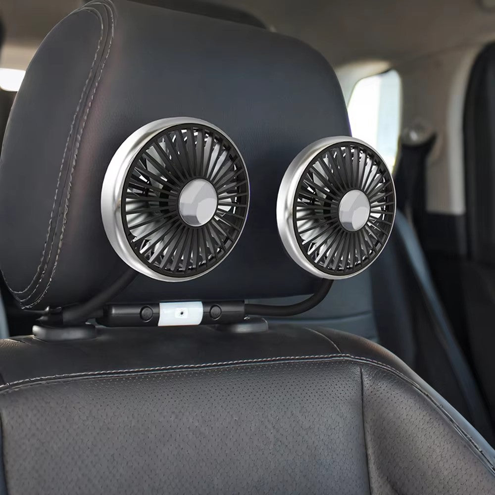 360 Degree Rotation Double Head 12V 24V Car Back Seat Fan 3-Speed Wind Adjustment USB Cooling Fan