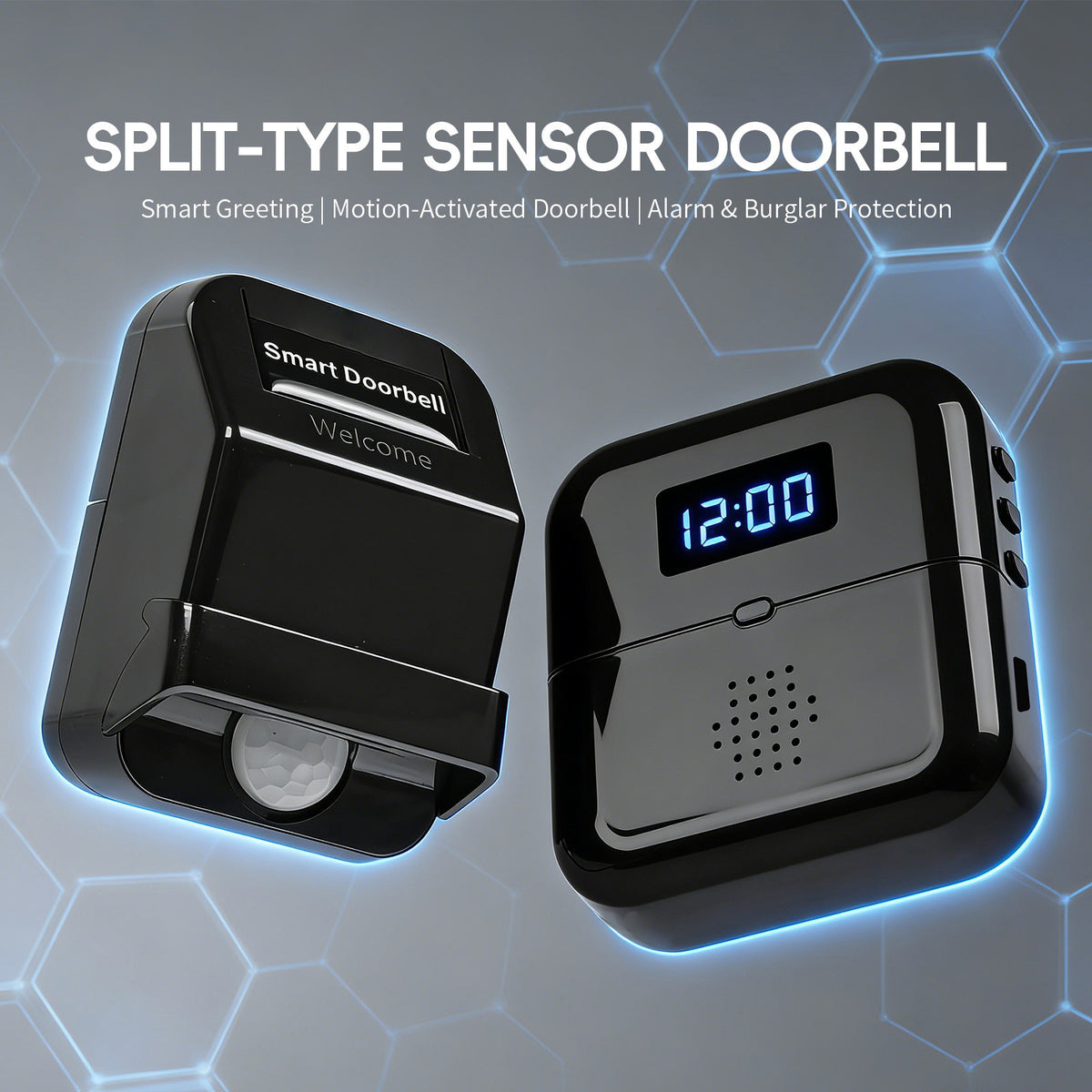 308 ABS Wireless Motion Sensor Doorbell Alarm 38 Ringtones LED Clock Display, EU Plug