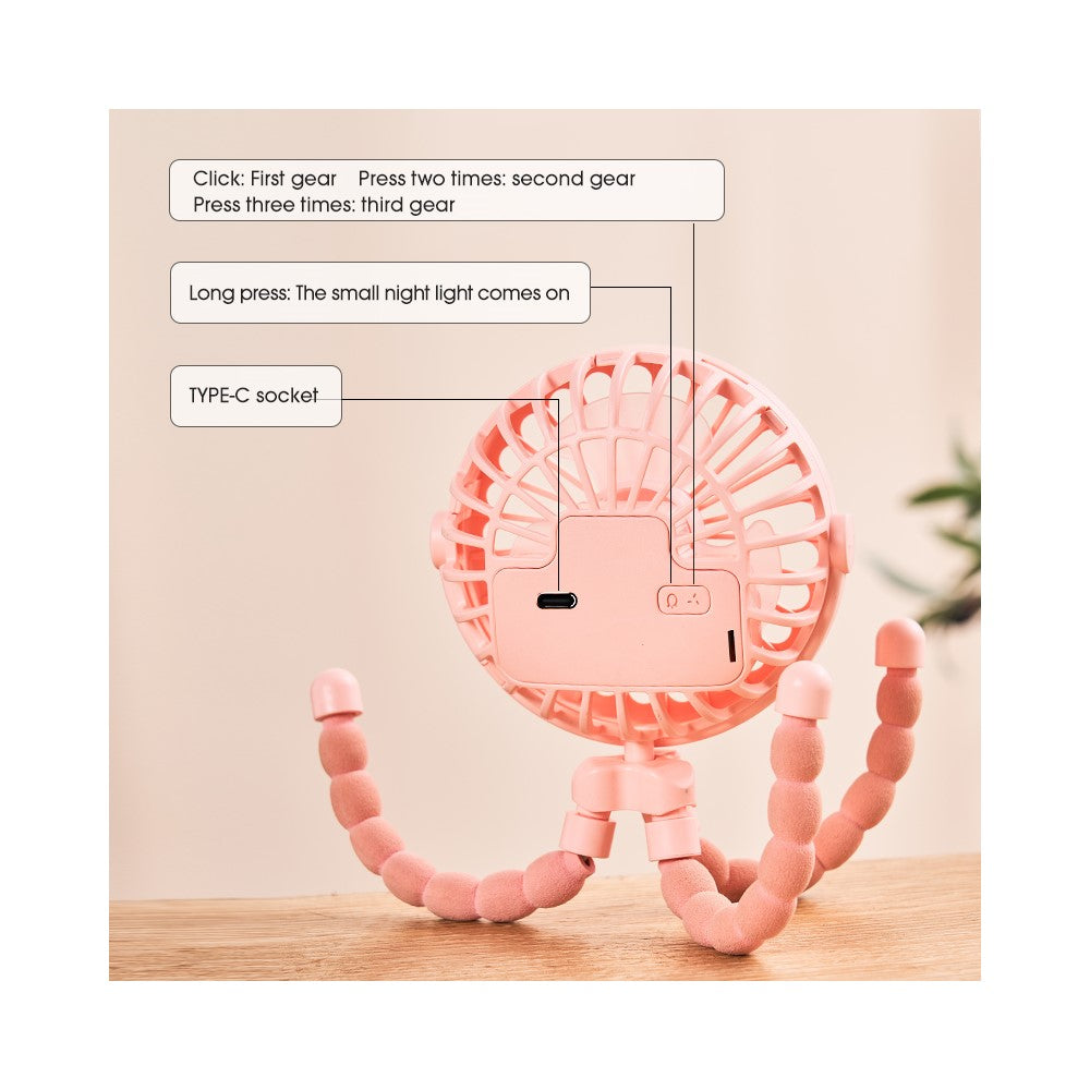 Portable Baby Stroller Octopus Fan USB Rechargeable Flexible Legs 3 Wind Speed Summer Cooling Fan