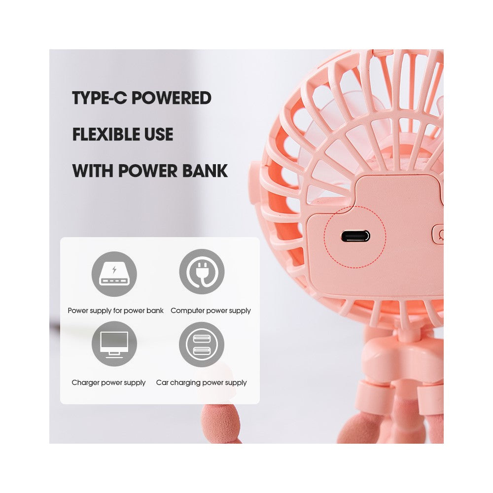 Portable Baby Stroller Octopus Fan USB Rechargeable Flexible Legs 3 Wind Speed Summer Cooling Fan