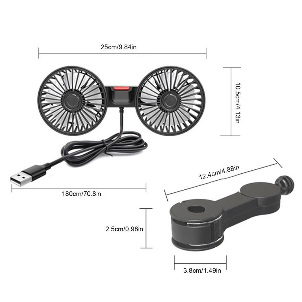 F4207 Rear Seat Car Fan 3 Speeds 5 Blades 360 Degree Rotatable Double Head Cooling Fan