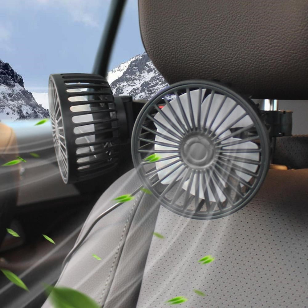 F4207 Rear Seat Car Fan 3 Speeds 5 Blades 360 Degree Rotatable Double Head Cooling Fan