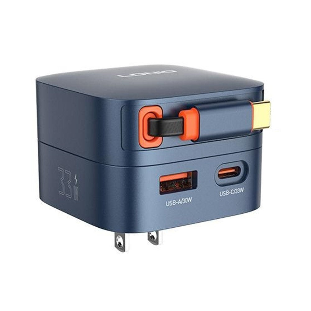 LDNIO Q9 33W GaN Fast Charger Dual Port Power Adapter with 80cm Retractable Type-C Cable for Phone Tablet