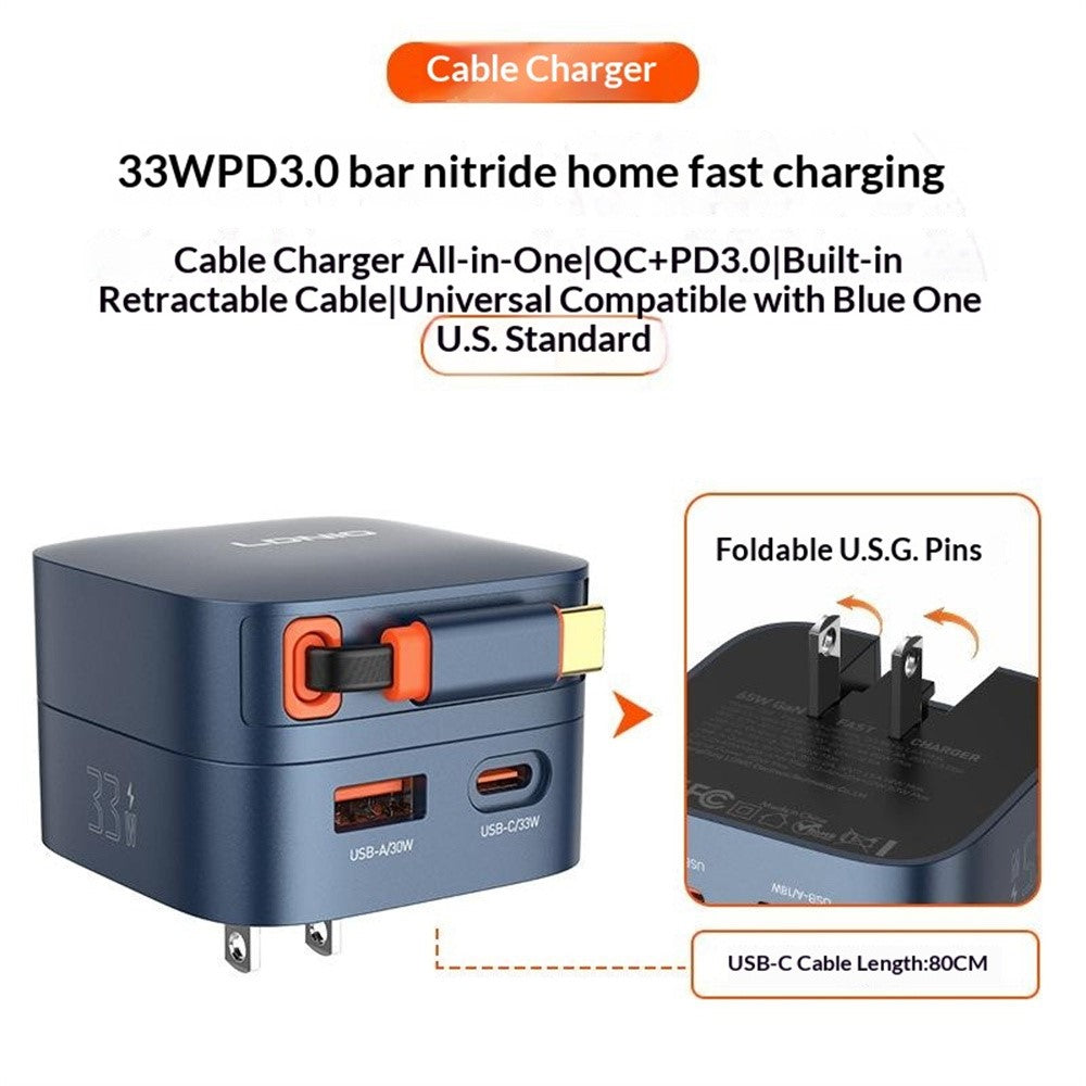 LDNIO Q9 33W GaN Fast Charger Dual Port Power Adapter with 80cm Retractable Type-C Cable for Phone Tablet