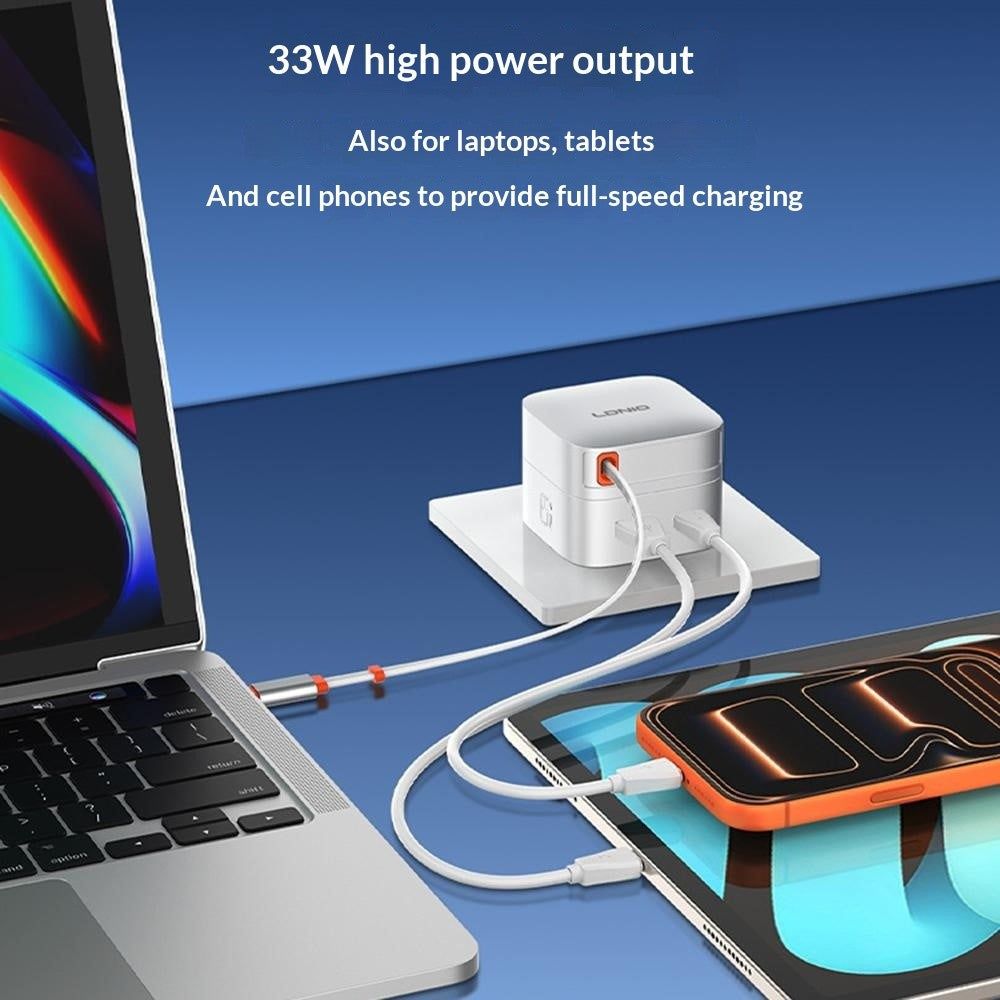 LDNIO Q9 33W GaN Fast Charger Dual Port Power Adapter with 80cm Retractable Type-C Cable for Phone Tablet