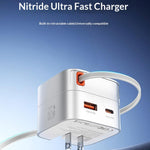 LDNIO Q10 65W GaN Fast Charger Built-in 80cm Retractable USB-C Cable Dual Port Power Adapter for Laptop / Tablet / Smartphone