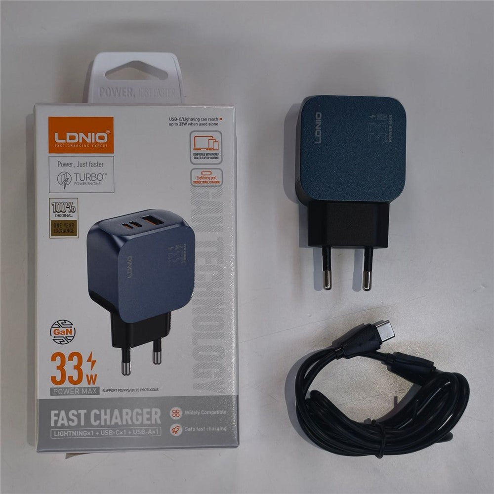 LDNIO Q5 33W GaN Snabbladdare 3-Portars USB-C iP (5-14) USB-A PD Snabbladdningsstation för iPhone iPad Hörlurar