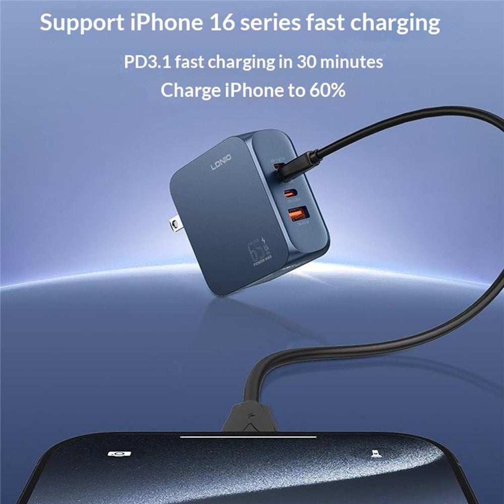 LDNIO Q6 45W GaN Oplader Dobbeltport USB-C USB-A Hurtigladestation til Telefon Tablet Bærbar