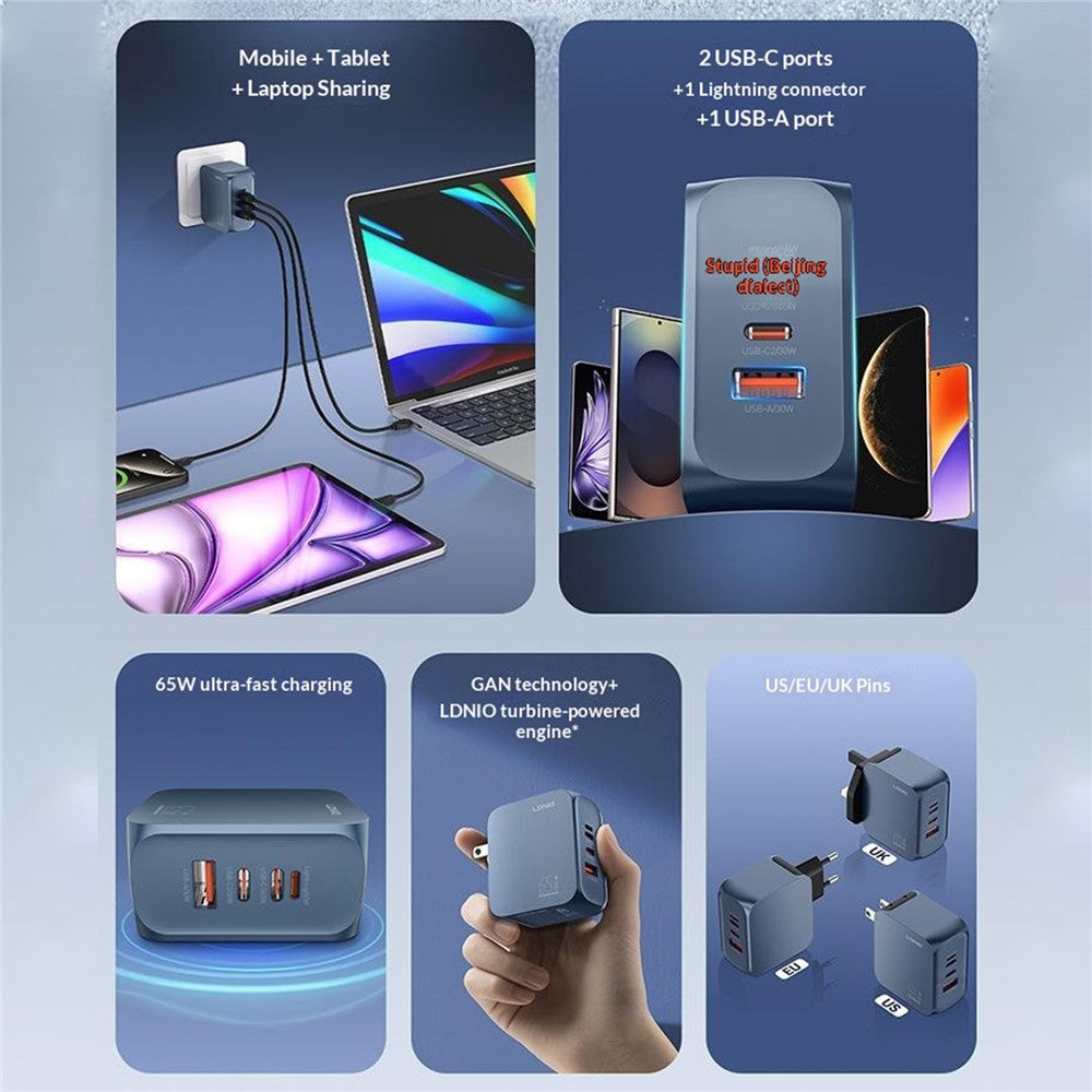 LDNIO Q6 45W GaN Oplader Dobbeltport USB-C USB-A Hurtigladestation til Telefon Tablet Bærbar