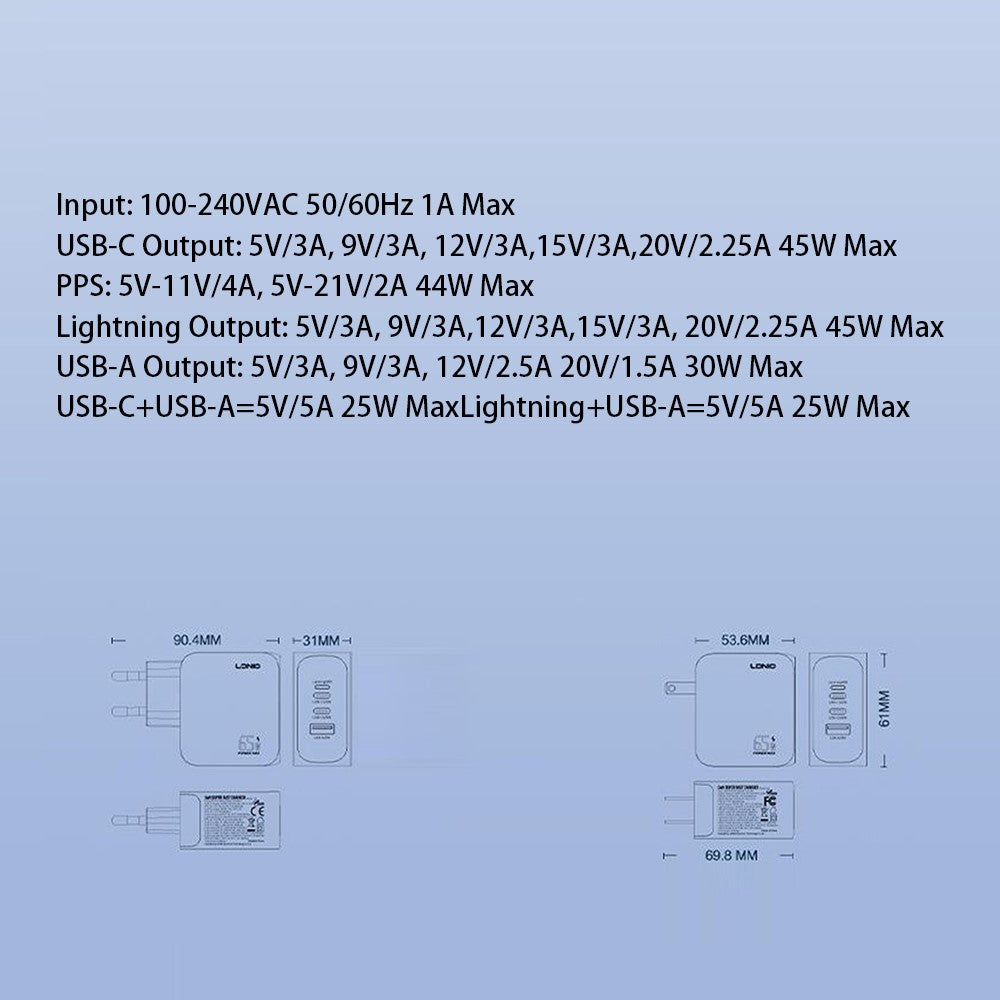LDNIO Q6 45W GaN Charger Dual Port USB-C USB-A Fast Charging Station for Phone Tablet Laptop