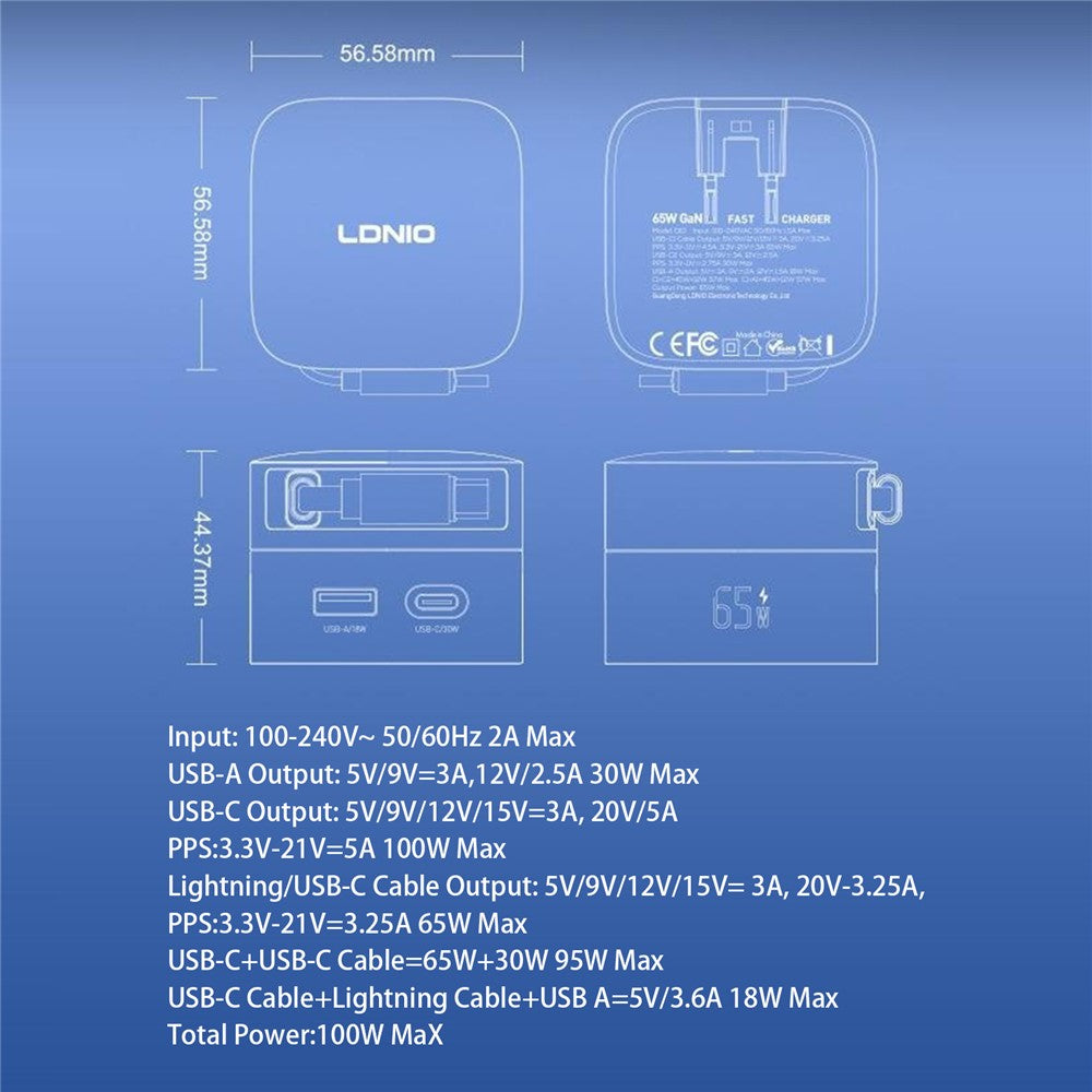 LDNIO Q16 100W GaN Skrivebordsoplader 4-Port USB-C Udtrækkeligt Kabel Hurtigopladningsstation med Smart Digitalt Display