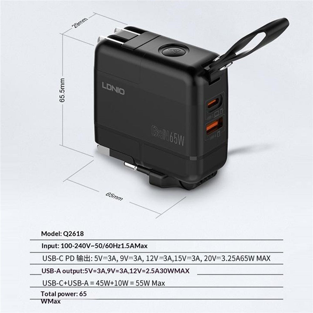 LDNIO Q2618 65W GaN Lynoplader Udskiftelige Stik USB-C PD Hurtigopladningsstation til Bærbar Computer iPhone Android