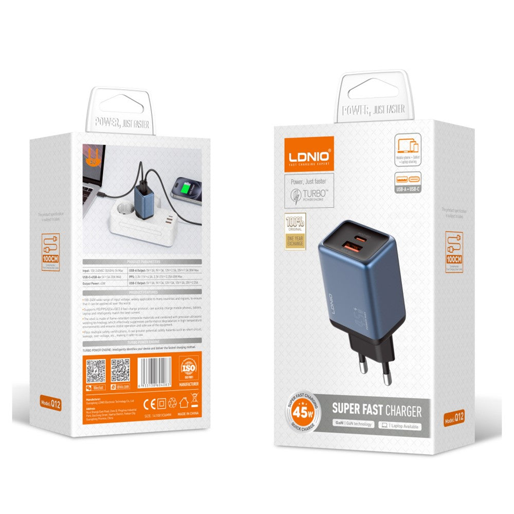 LDNIO Q12 45W GaN Fast Charger Dual Port Interchangeable Plug Universal Travel Charging Adapter
