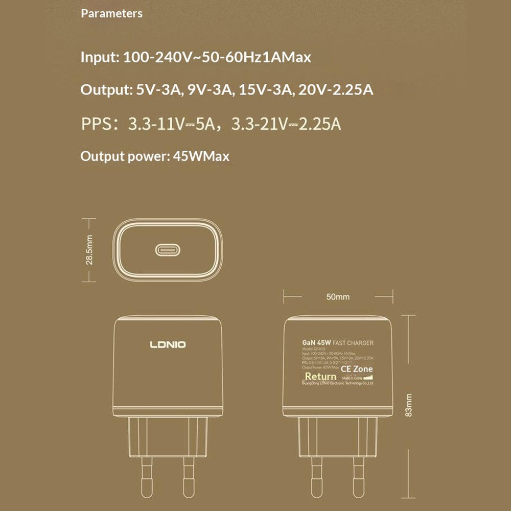LDNIO Q1415 45W GaN Fast Charger Dual Port PD Fast Charging Wall Charger with 1.2m USB Cable for Phone Laptop