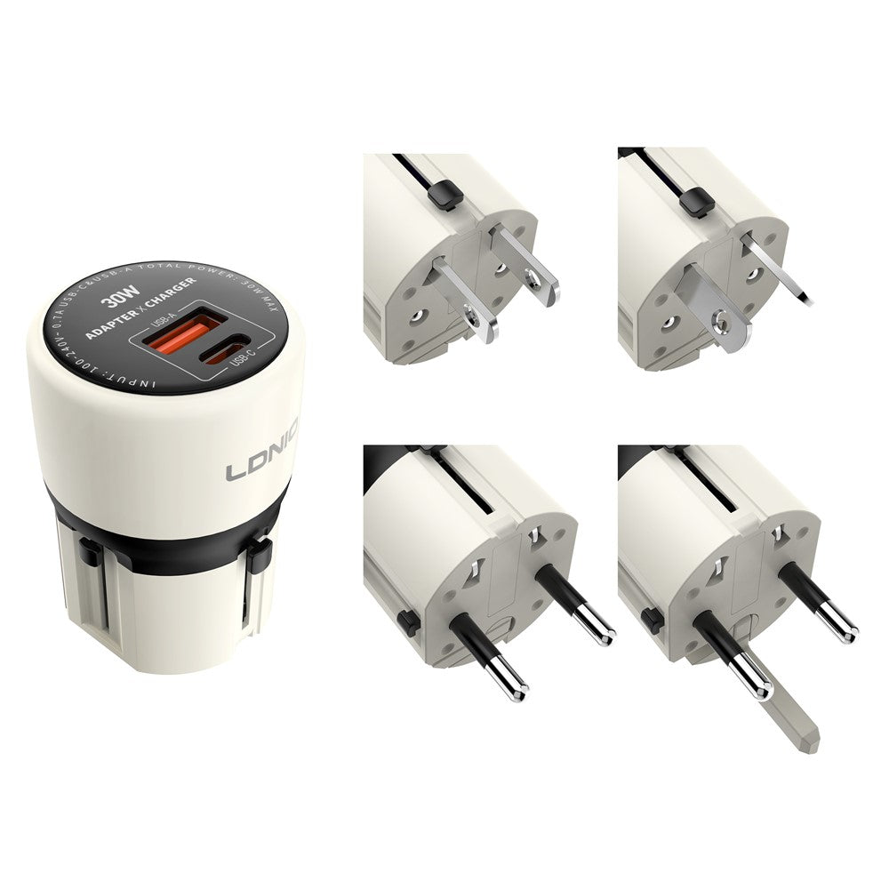 LDNIO Q2319 30W GaN Hurtigoplader Med Udskifteligt Stik Universal Rejseadapter med Type-C til iP (5-14) / Type-C / USB-A 3-i-1 Kabel til Telefon og Tablet