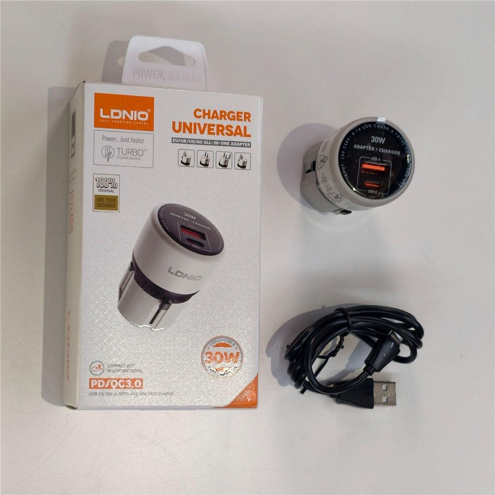 LDNIO Q2319 30W GaN Hurtigoplader omskiftelig stik Universal Rejseadapter med Type-C til iP (5-14) / Type-C / USB-A 3-i-1 kabel til telefon tablet