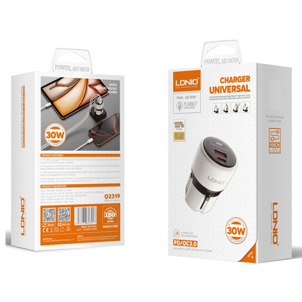 LDNIO Q2319 30W GaN Hurtigoplader omskiftelig stik Universal Rejseadapter med Type-C til iP (5-14) / Type-C / USB-A 3-i-1 kabel til telefon tablet