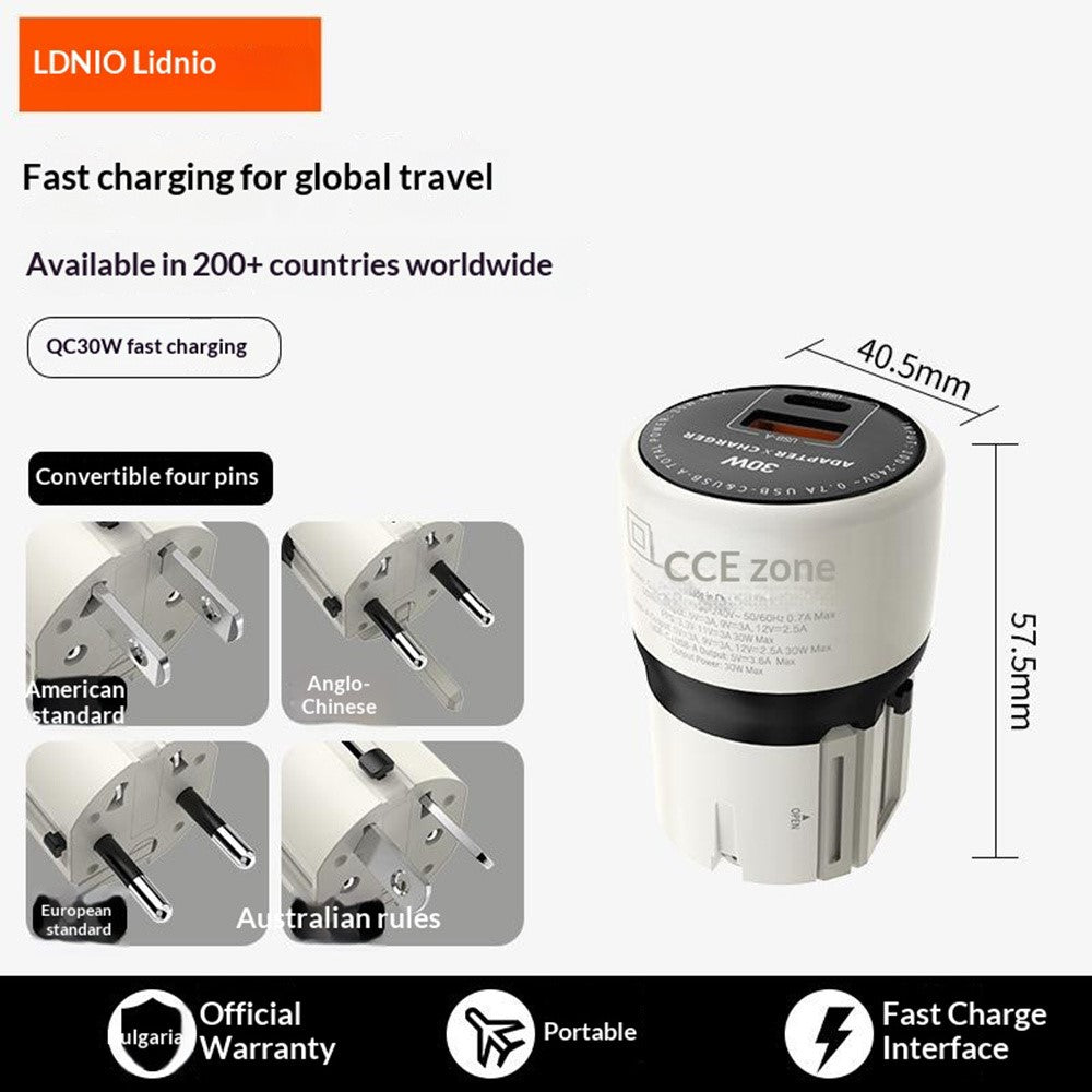 LDNIO Q2319 30W GaN Hurtigoplader omskiftelig stik Universal Rejseadapter med Type-C til iP (5-14) / Type-C / USB-A 3-i-1 kabel til telefon tablet