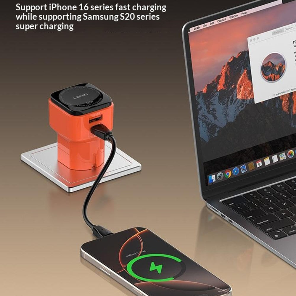 LDNIO Q2420 45W GaN Hurtigoplader med USB-C-kabel Dobbeltport USB-C USB-A Global Rejse PD Hurtigopladningsadapter