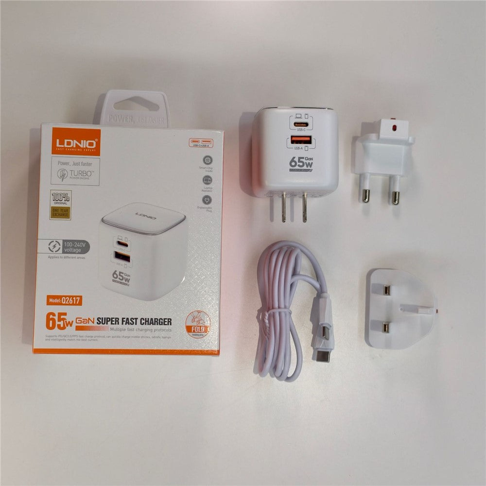 LDNIO Q2617 65W GaN Fast Charger 2 USB-C + 1 USB-A 3-Port with USB Cable Interchangeable Plugs Charging Station for Apple Huawei Xiaomi Laptop Tablet