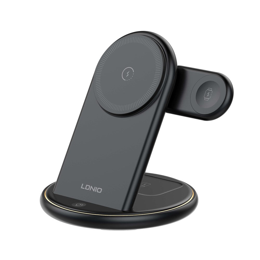 LDNIO WL02 5-i-1 trådløs desktop-ladestation med 30 cm Type-C-kabel 15W telefon 5W øretelefoner 2.5W ur hurtigopladningsstander