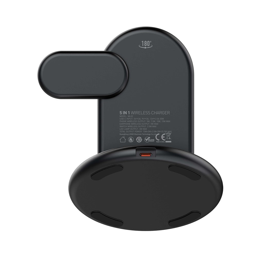 LDNIO WL02 5-i-1 trådløs desktop-ladestation med 30 cm Type-C-kabel 15W telefon 5W øretelefoner 2.5W ur hurtigopladningsstander