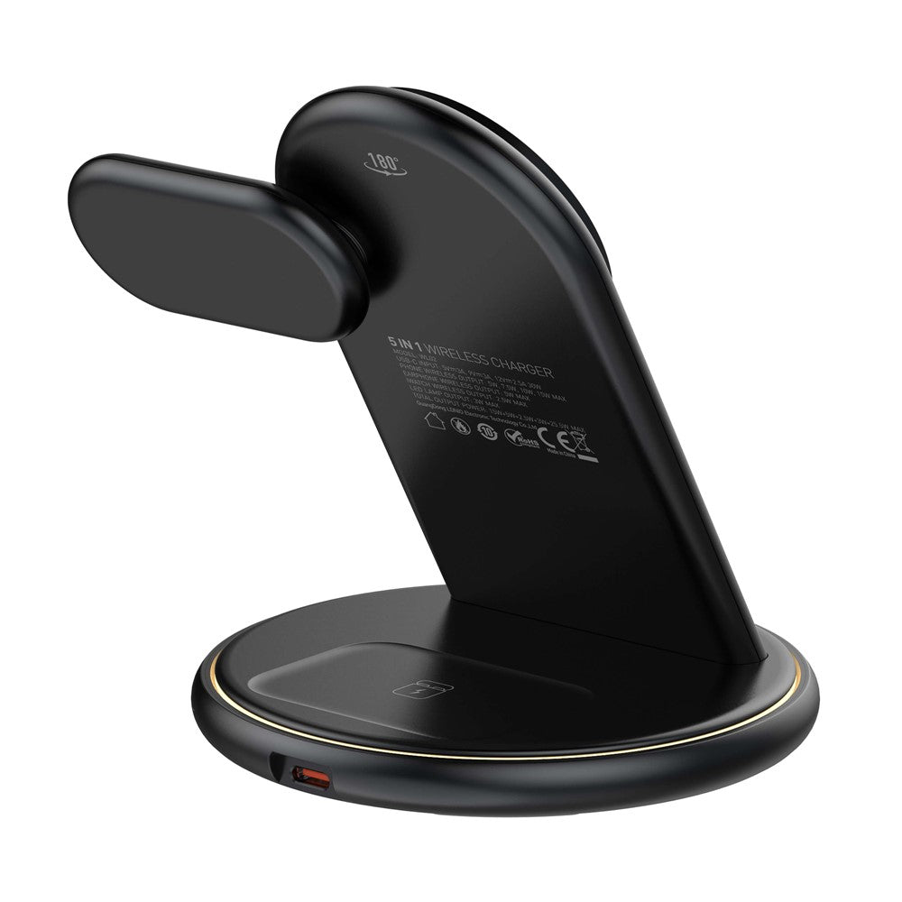 LDNIO WL02 5-i-1 trådløs desktop-ladestation med 30 cm Type-C-kabel 15W telefon 5W øretelefoner 2.5W ur hurtigopladningsstander