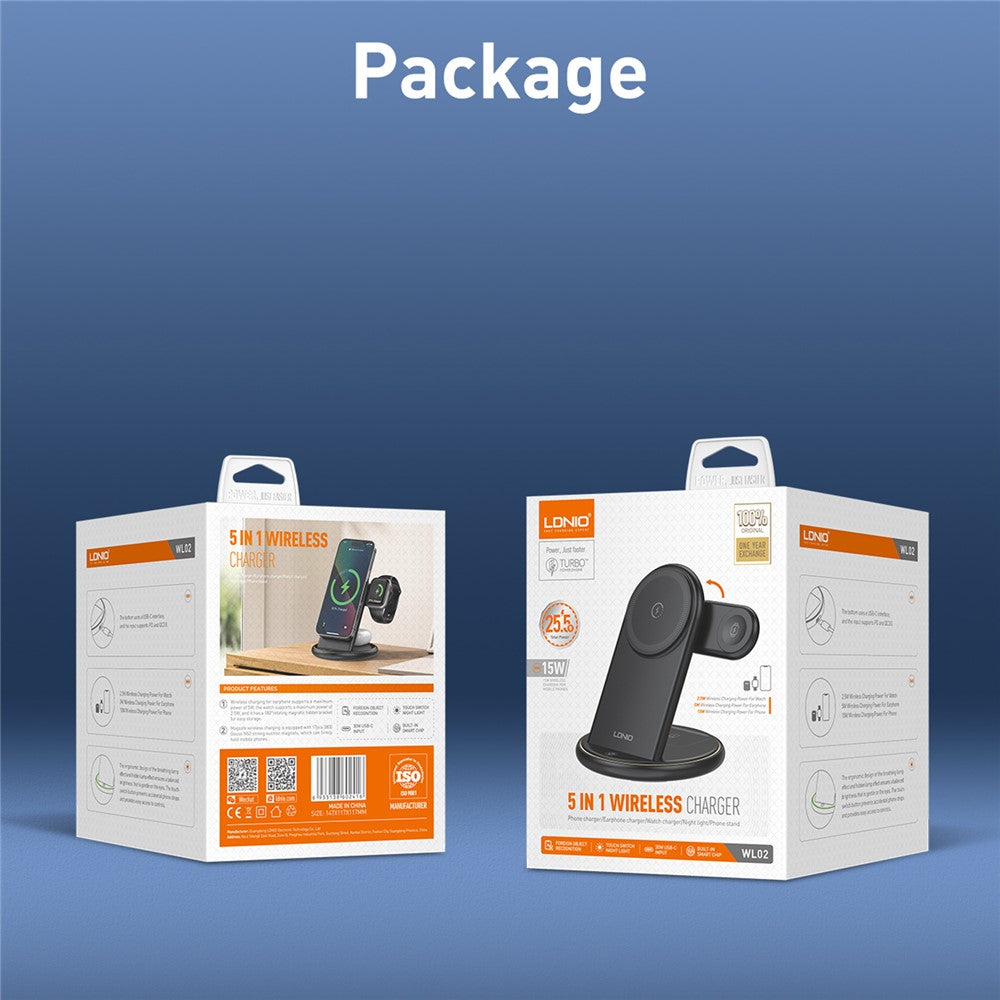 LDNIO WL02 5-i-1 trådløs desktop-ladestation med 30 cm Type-C-kabel 15W telefon 5W øretelefoner 2.5W ur hurtigopladningsstander