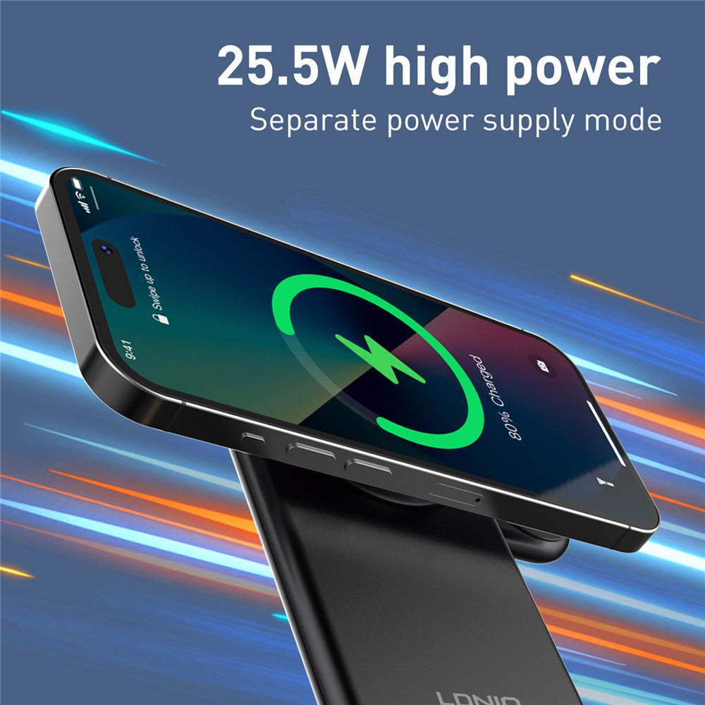 LDNIO WL02 5-i-1 trådløs desktop-ladestation med 30 cm Type-C-kabel 15W telefon 5W øretelefoner 2.5W ur hurtigopladningsstander