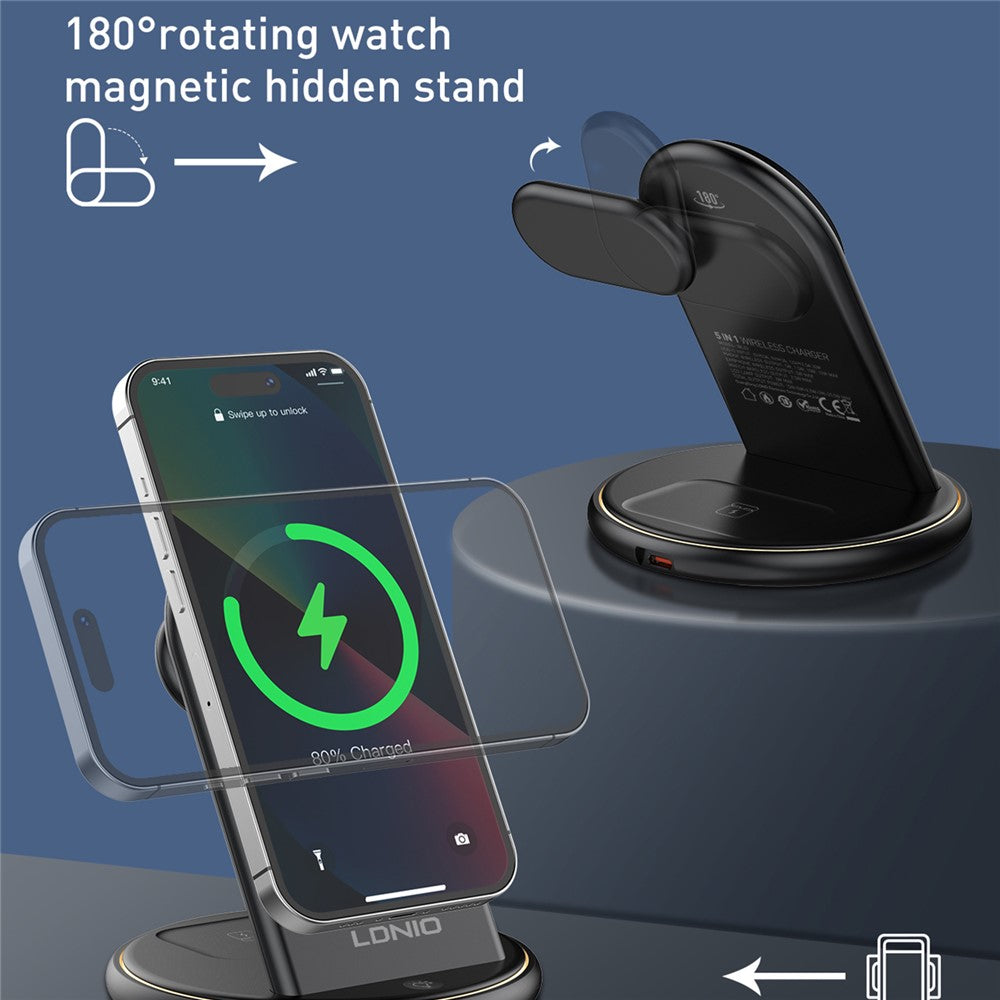 LDNIO WL02 5-i-1 trådløs desktop-ladestation med 30 cm Type-C-kabel 15W telefon 5W øretelefoner 2.5W ur hurtigopladningsstander