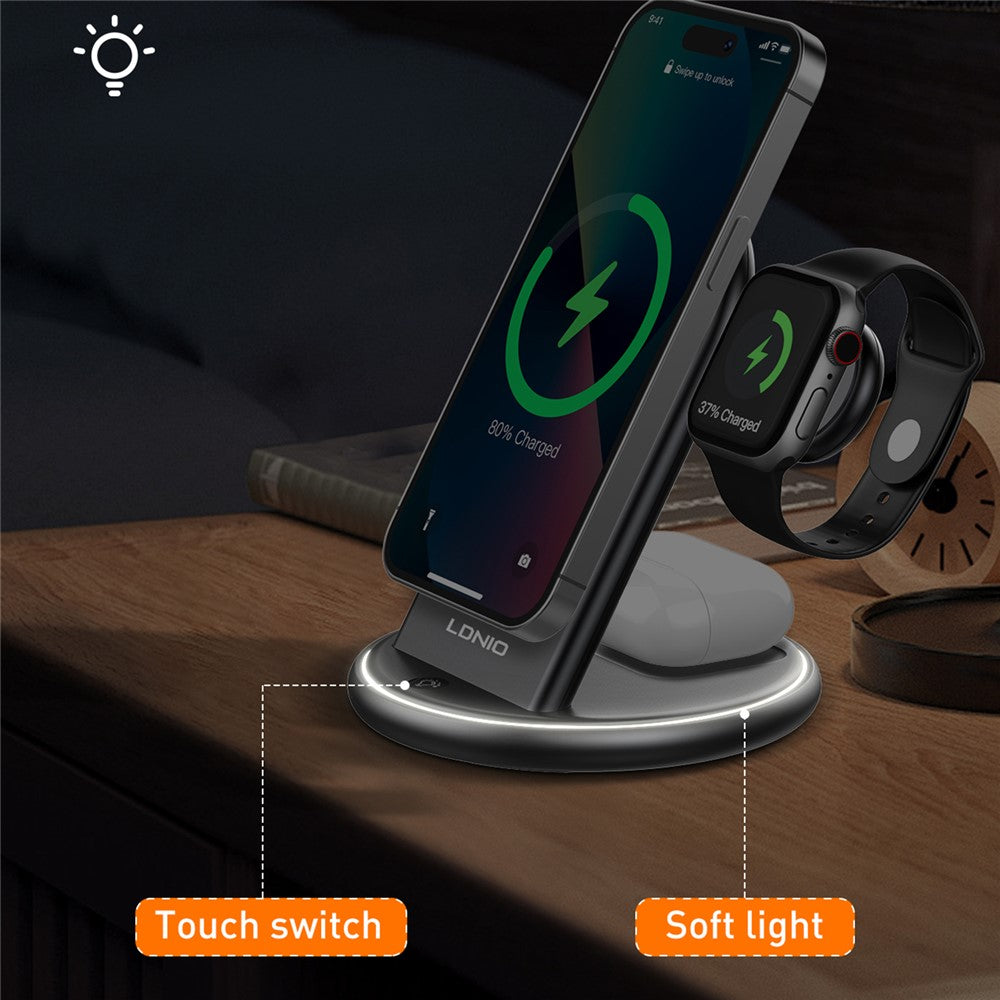 LDNIO WL02 5-i-1 trådløs desktop-ladestation med 30 cm Type-C-kabel 15W telefon 5W øretelefoner 2.5W ur hurtigopladningsstander