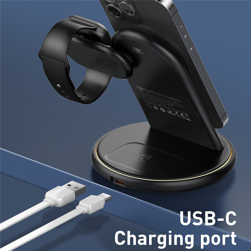 LDNIO WL02 5-i-1 trådløs desktop-ladestation med 30 cm Type-C-kabel 15W telefon 5W øretelefoner 2.5W ur hurtigopladningsstander