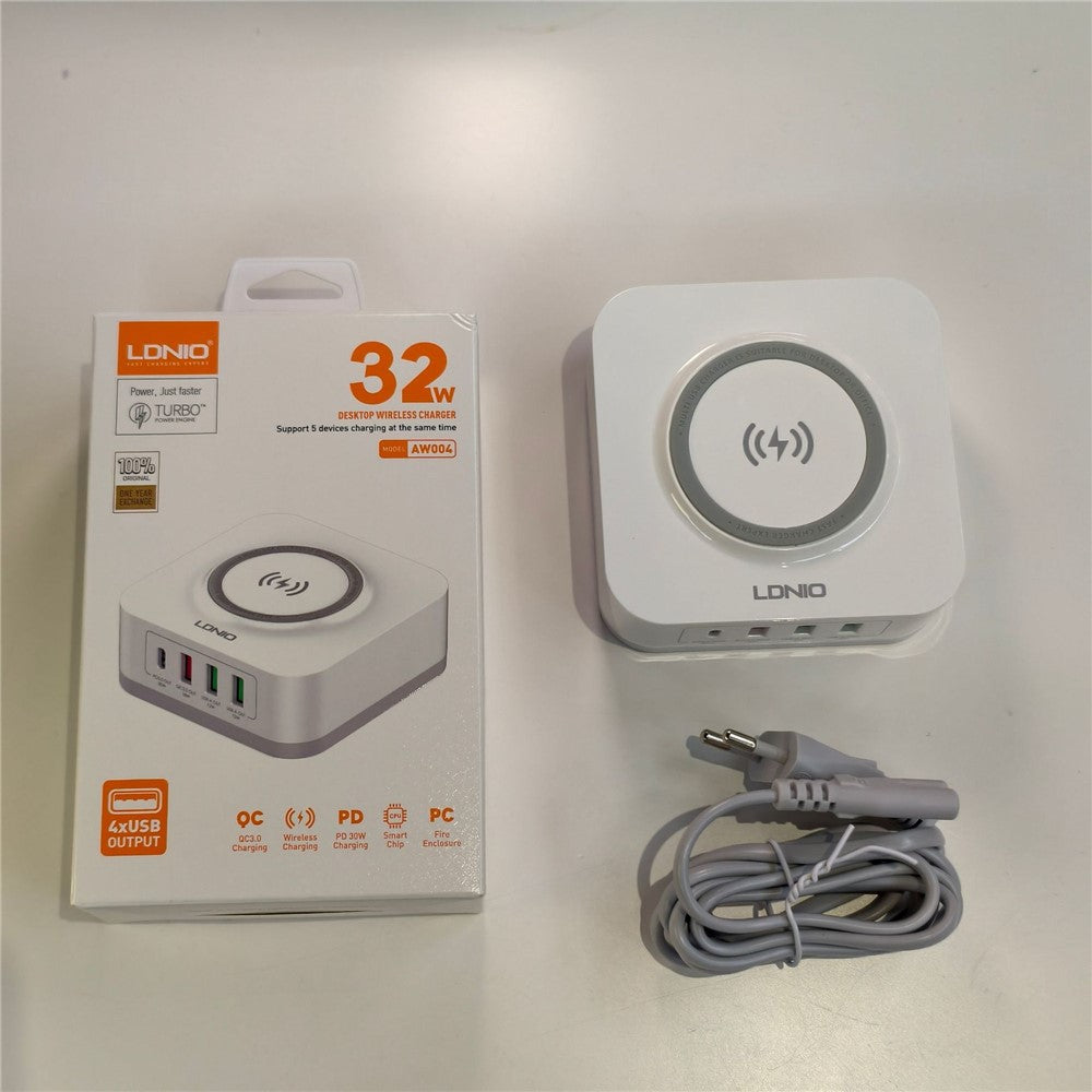 LDNIO AW004 32W 5-in-1 Charging Station 15W Qi Wireless Charger PD 30W QC 18W 2x USB-A 12W Desktop Charger Stand