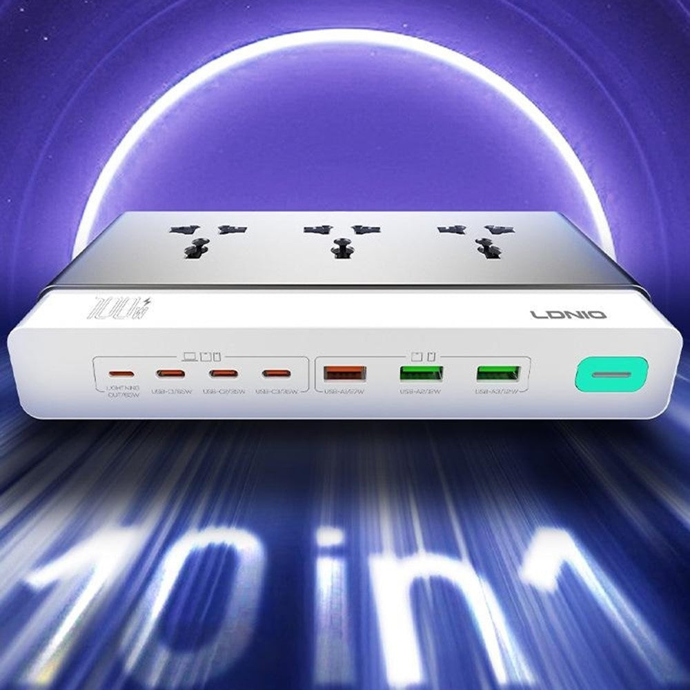 LDNIO SC3 100W GaN-grenuttag 3 AC-uttag 6 USB-portar Snabbladdningshub Skrivbordsstation för kontorsspel