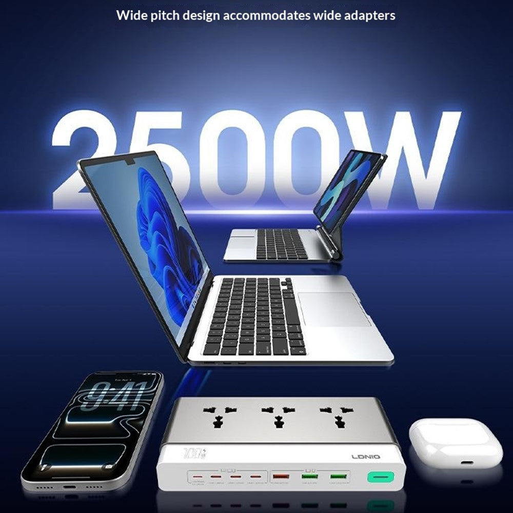 LDNIO SC3 100W GaN-grenuttag 3 AC-uttag 6 USB-portar Snabbladdningshub Skrivbordsstation för kontorsspel