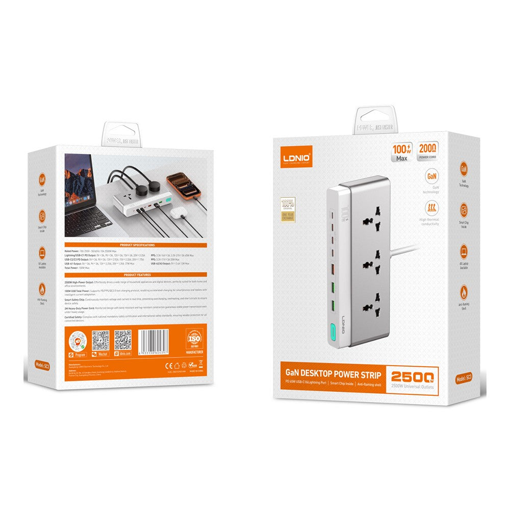 LDNIO SC3 100W GaN-grenuttag 3 AC-uttag 6 USB-portar Snabbladdningshub Skrivbordsstation för kontorsspel