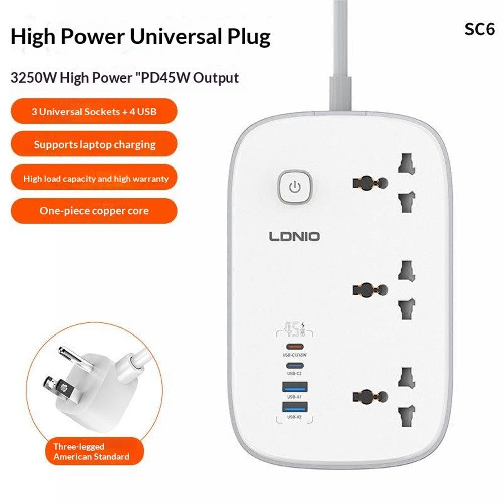LDNIO SC6 45W GaN Power Strip 3 AC Outlets 4 USB Ports Fast Charging Station Power Socket for Laptop Phone