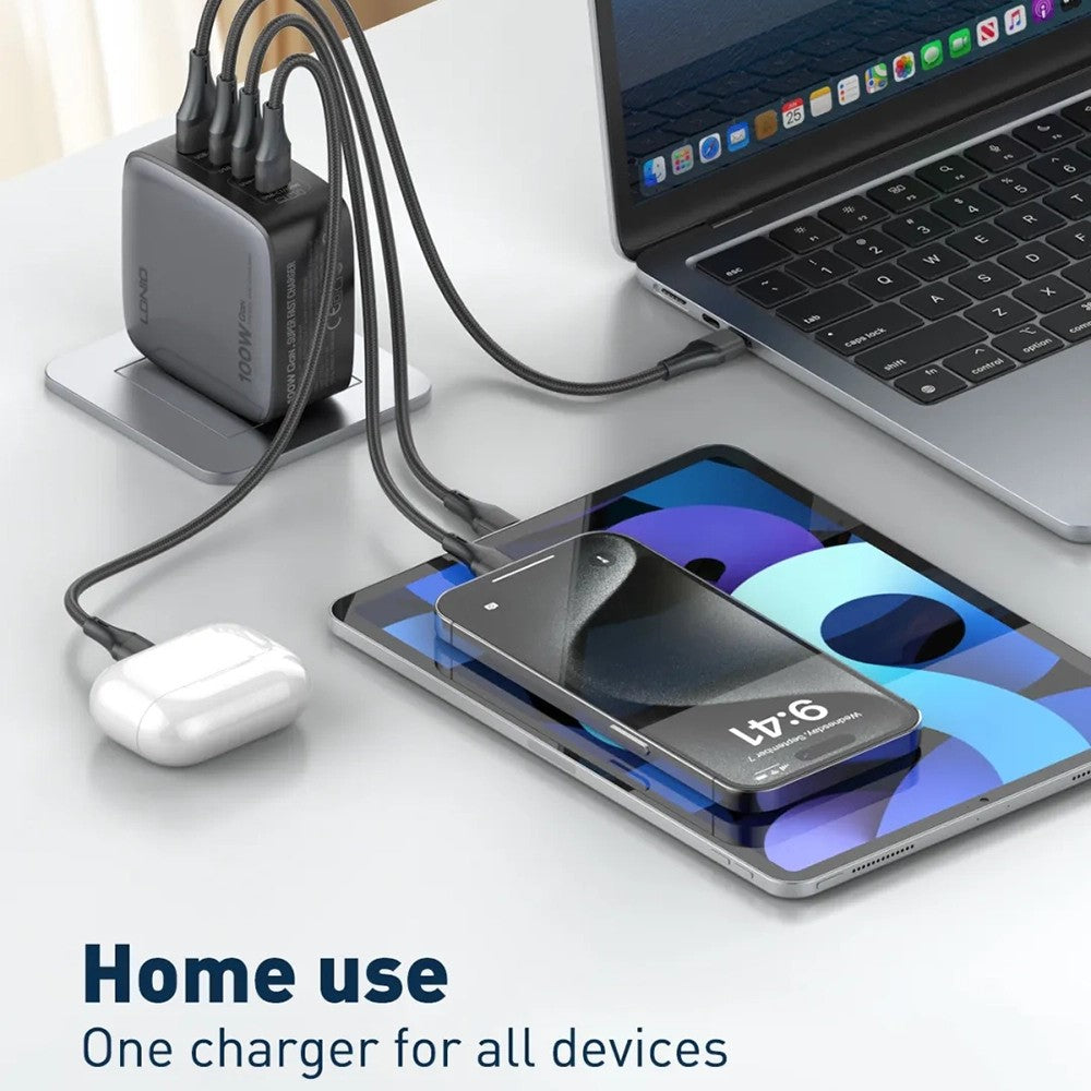 LDNIO Q408 100W GaN-laddare Bärbar Reseladdare 4-portar 3 USB-C + 1 USB-A PD Snabbladdningsstation för mobil Laptop
