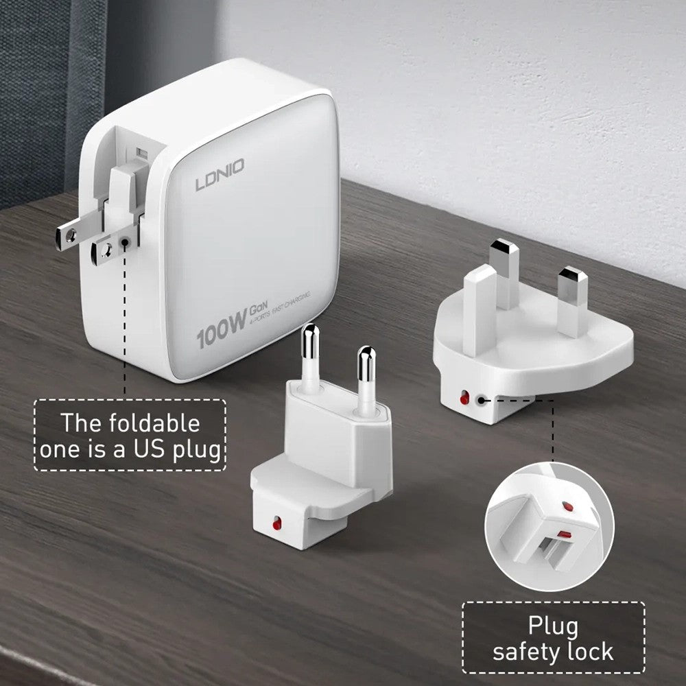 LDNIO Q408 100W GaN-laddare Bärbar Reseladdare 4-portar 3 USB-C + 1 USB-A PD Snabbladdningsstation för mobil Laptop