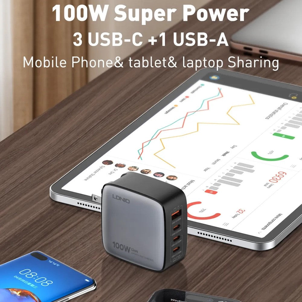LDNIO Q408 100W GaN-laddare Bärbar Reseladdare 4-portar 3 USB-C + 1 USB-A PD Snabbladdningsstation för mobil Laptop