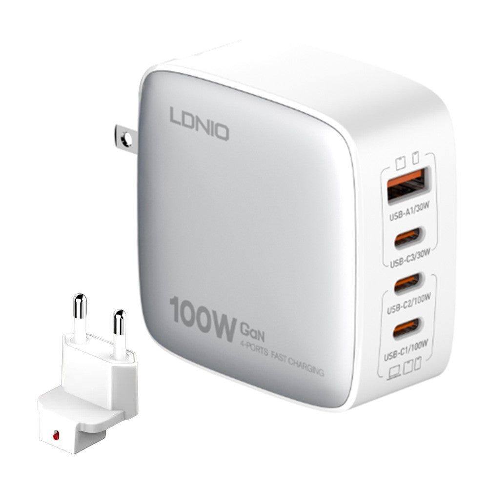 LDNIO Q408 100W GaN-laddare Bärbar Reseladdare 4-portar 3 USB-C + 1 USB-A PD Snabbladdningsstation för mobil Laptop
