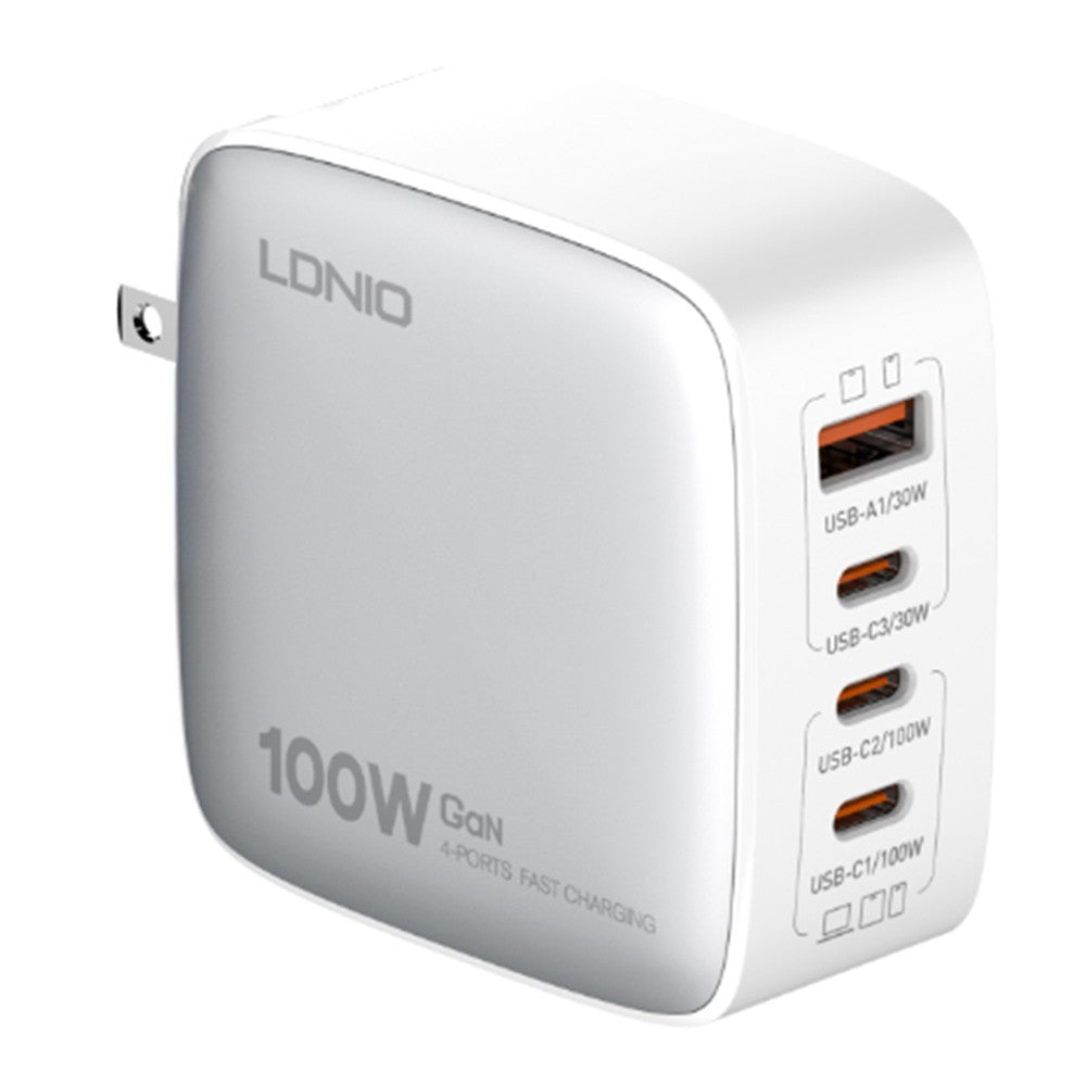 LDNIO Q408 100W GaN-laddare Bärbar Reseladdare 4-portar 3 USB-C + 1 USB-A PD Snabbladdningsstation för mobil Laptop