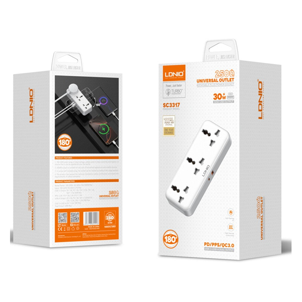 LDNIO SC3317 30W Power Strip 3 AC Outlets 2 USB Ports Wall-Mount Design PD Fast Charging Station Power Socket for Travel Home
