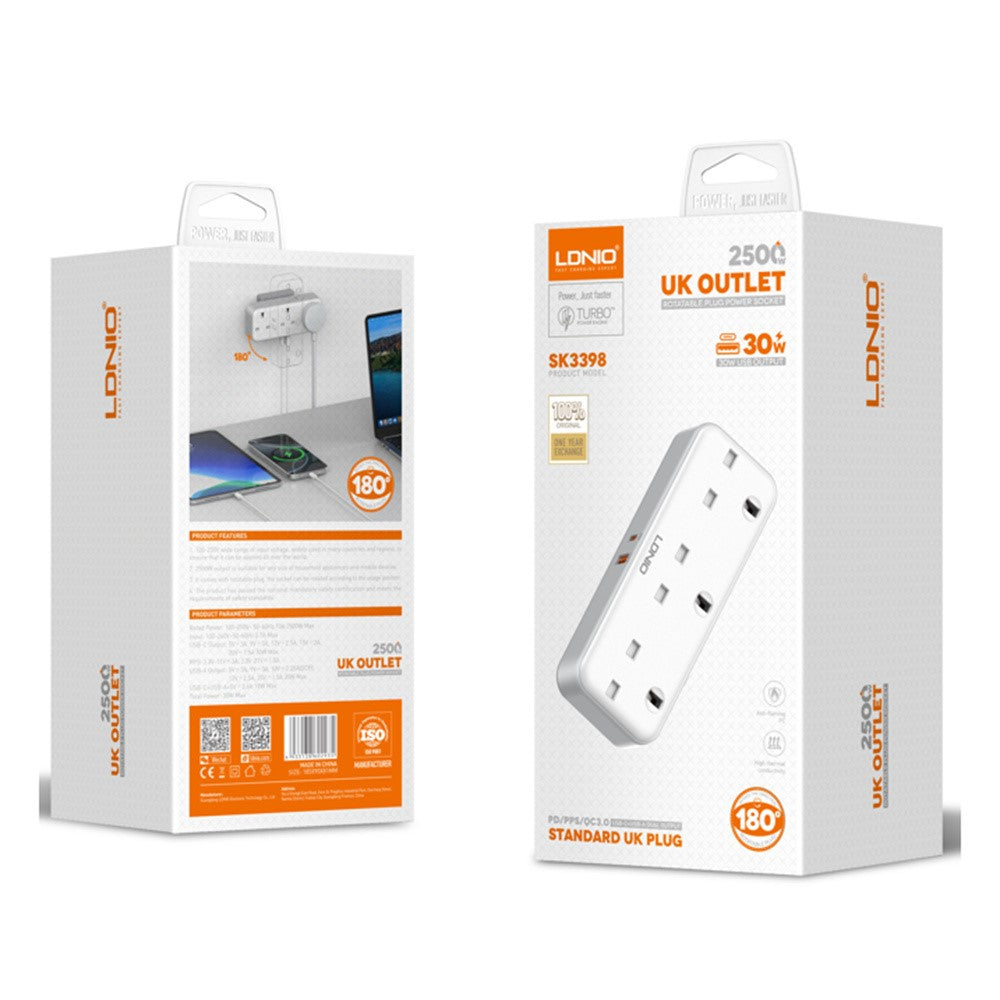 LDNIO SK3398 30W Extension Power Strip 3 AC Outlets 2 USB Ports Wall Plug Design Adapter Pocket Socket for Travel Home