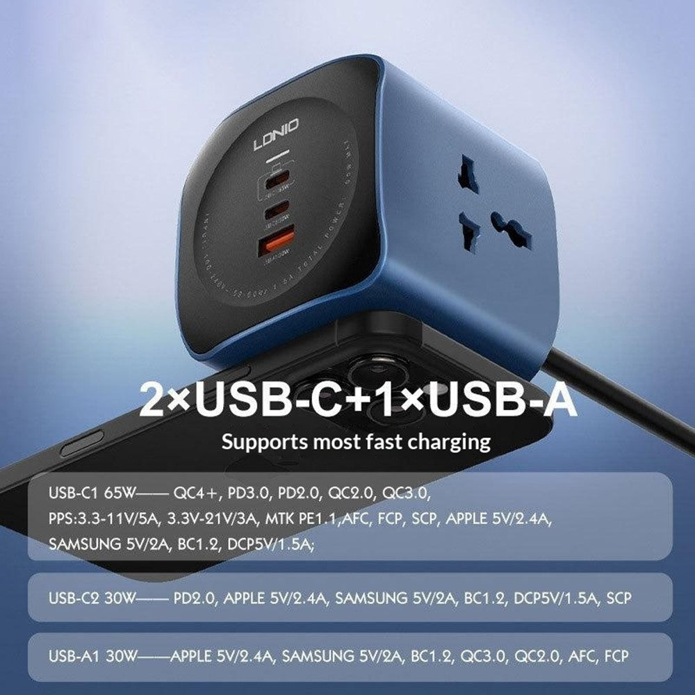 LDNIO SC3319 65W GaN Power Strip 3 AC Outlets 3 USB Ports Desktop Charger Power Socket with 2m Cable